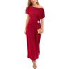 image:imageVFSHOW Womens One Shoulder Formal Wedding Guest Pleated Maxi Dress Elegant Off Shoulder Tie Waist Long Cocktail Evening GownRed