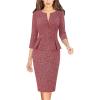 image:imageVFSHOW Womens Wear to Work Front Zipper V Neck Peplum Business Office Church Flattering Pencil Sheath DressRed Tweed