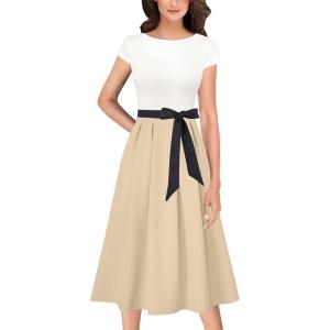image:imageVFSHOW Womens 2025 Summer Work Business Midi Dresses Belted Pockets Office Slimming ALine Colorblock Fit and Flare Dress Off White XSmall 11823 WHT XS