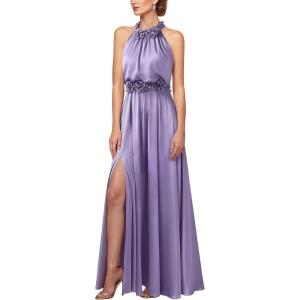 image:imageVFSHOW Womens 3D Floral Halter Satin Formal Evening Gown High Slit ALine Maxi Wedding Guest Party Bridesmaid Blouson DressLight Purple
