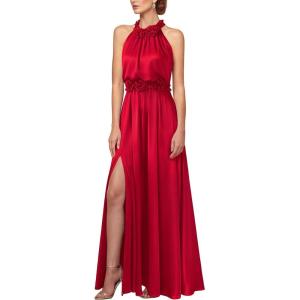 image:imageVFSHOW Womens 3D Floral Halter Satin Formal Evening Gown High Slit ALine Maxi Wedding Guest Party Bridesmaid Blouson DressRed