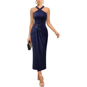 image:imageVFSHOW Womens Crisscross Halter Neck Cocktail Wedding Guest Ruched Bodycon Elegant Formal Party Evening Long Wrap DressDark Blue