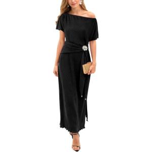 image:imageVFSHOW Womens One Shoulder Formal Wedding Guest Pleated Maxi Dress Elegant Off Shoulder Tie Waist Long Cocktail Evening GownBlack