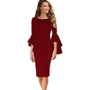 image:imageVFSHOW Womens Ruffle Bell Sleeves Business Cocktail Party Sheath Dress 1707 RED XL