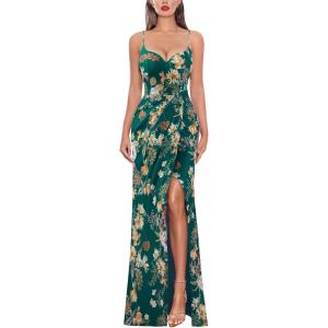 image:imageVFSHOW Womens Sexy Formal Ruched Fitted High Slit Bodycon Maxi Dress Spaghetti Strap Sweetheart Cocktail Prom Evening GownGreen With Orange Floral Print