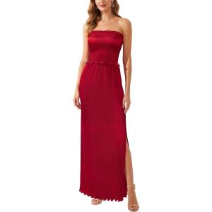 image:imageVFSHOW Womens Strapless Formal Prom Maxi Dress 2026 Pleated Smocked Ruffle Tube Wedding Guest Dresses Side Slit Evening GownRed