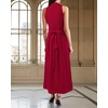 image:imageVFSHOW Womens Elegant Cocktail Wedding Guest Long Dress 2026 Smocked V Neck Sleeveless Pocket Tie Waist A Line DressRed