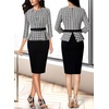 image:imageVFSHOW Womens Pleated Crew Neck Peplum Slim Work Business Dress Elegant 34 Sleeves Office Church Bodycon Pencil Sheath DressBlack Beige Tweed Plaid  Black