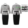 image:imageVFSHOW Womens Pleated Crew Neck Peplum Slim Work Business Dress Elegant 34 Sleeves Office Church Bodycon Pencil Sheath DressBlack Beige Tweed Plaid  Black