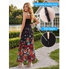 image:imageVFSHOW Womens Spaghetti Strap Formal Wedding Guest Ruched V Neck Ruffle Cocktail Evening Party Pocket A Line Long DressBlack Multi Floral Print