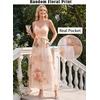 image:imageVFSHOW Womens Spaghetti Strap Formal Wedding Guest Ruched V Neck Ruffle Cocktail Evening Party Pocket A Line Long DressNude Pink Floral Print