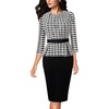 image:imageVFSHOW Womens Pleated Crew Neck Peplum Slim Work Business Dress Elegant 34 Sleeves Office Church Bodycon Pencil Sheath DressBlack Beige Tweed Plaid  Black