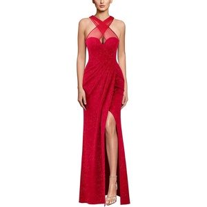 image:imageVFSHOW Womens Crisscross Halter Neck Formal Prom Dresses 2026 Ruched Bodycon High Slit Black Tie Gala Maxi Dress Evening GownSparkly Red
