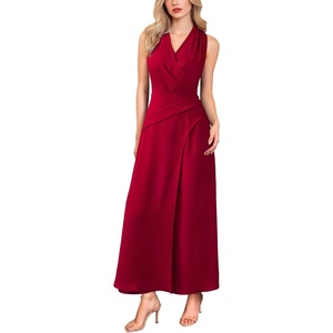 image:imageVFSHOW Womens Elegant Cocktail Wedding Guest Long Dress 2026 Smocked V Neck Sleeveless Pocket Tie Waist A Line DressRed