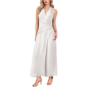 image:imageVFSHOW Womens Elegant Cocktail Wedding Guest Long Dress 2026 Smocked V Neck Sleeveless Pocket Tie Waist A Line DressWhite
