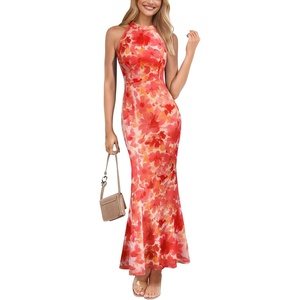 image:imageVFSHOW Womens Elegant Floral Halter Neck Formal Bodycon Maxi Dress Printed Mesh Fitted Wedding Guest Night Out Long Cocktail Evening Mermaid Dresses Orange Medium 12582 ORG M