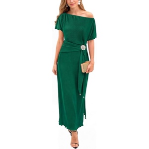 image:imageVFSHOW Womens One Shoulder Cocktail Wedding Guest Midi Dress 2026 Short Sleeve Pleated Off Shoulder Tie Waist Party DressesGreen