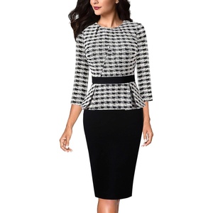 image:imageVFSHOW Womens Pleated Crew Neck Peplum Slim Work Business Dress Elegant 34 Sleeves Office Church Bodycon Pencil Sheath DressBlack Beige Tweed Plaid  Black
