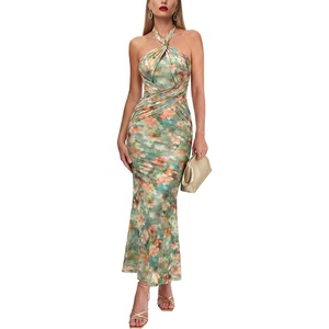 image:imageVFSHOW Womens Sexy Halter Neck Formal Bodycon Crisscross Ruched Fitted Wedding Guest Long Cocktail Evening Party DressGreen Multi Floral Print