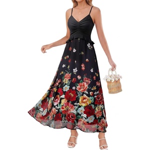 image:imageVFSHOW Womens Spaghetti Strap Formal Wedding Guest Ruched V Neck Ruffle Cocktail Evening Party Pocket A Line Long DressBlack Multi Floral Print
