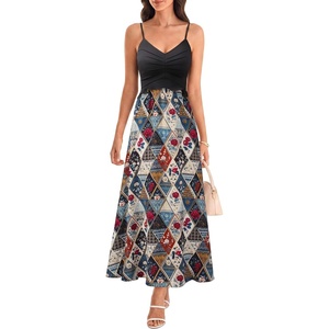 image:imageVFSHOW Womens Spaghetti Strap Formal Wedding Guest Ruched V Neck Ruffle Cocktail Evening Party Pocket A Line Long DressBlack and Geometric Patchwork