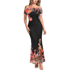 image:imageVFSHOW Womens Off The Shoulder Wedding Guest Maxi Long Dress 2026 Sexy Mesh One Shoulder Formal Cocktail Bodycon DressesBlack and Orange Floral Print