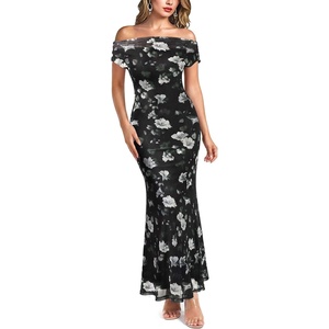 image:imageVFSHOW Womens Off The Shoulder Wedding Guest Maxi Long Dress 2026 Sexy Mesh One Shoulder Formal Cocktail Bodycon DressesBlack and White Floral Print