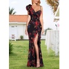 image:imageVFSHOW Womens Formal Prom Elegant Ruffle One Shoulder Beaded Strap Ruched Slit Maxi Dress Wedding Evening Long GownBlack and Red Floral Print