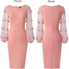 image:imageVFSHOW Womens Peach Pink Mesh 3D Floral Embroidery Cocktail Evening Bishop Sleeve Slim Front Zipper Party Bodycon Pencil Sheath Dress 8341 PIK XL