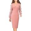 image:imageVFSHOW Womens Peach Pink Mesh 3D Floral Embroidery Cocktail Evening Bishop Sleeve Slim Front Zipper Party Bodycon Pencil Sheath Dress 8341 PIK XL