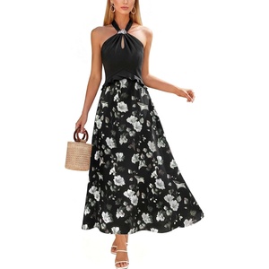 image:imageVFSHOW Womens Keyhole Halter Neck Semi Formal Wedding Guest Elegant Ruffle Cocktail Party Pocket A Line Long DressBlack and White Floral Print