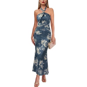 image:imageVFSHOW Womens Sexy Halter Neck Semi Formal Wedding Guest Bodycon Crisscross Ruched Fitted Long Cocktail Evening Party DressBlue Floral Print
