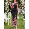 image:imageVFSHOW Womens Boat Neck Formal Bodycon Maxi Sleeveless Slim Fitted Wedding Guest Long Cocktail Mermaid DressBlack and Pink Floral Print