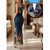 image:imageVFSHOW Womens Elegant Halter Neck Formal Bodycon Fitted Wedding Guest Long Cocktail Evening Mermaid Maxi DressDark Blue and Multi Floral Print