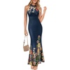 image:imageVFSHOW Womens Elegant Halter Neck Formal Bodycon Fitted Wedding Guest Long Cocktail Evening Mermaid Maxi DressDark Blue and Multi Floral Print