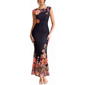 image:imageVFSHOW Womens Boat Neck Formal Bodycon Maxi Dress Sleeveless Printed Mesh Fitted Wedding Guest Night Out Long Cocktail Mermaid Dresses Black and Multi Floral Print Small 12903 BLK S