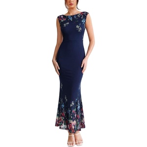 image:imageVFSHOW Womens Boat Neck Formal Bodycon Maxi Sleeveless Slim Fitted Wedding Guest Long Cocktail Mermaid DressBlue and Multi Floral Print