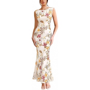 image:imageVFSHOW Womens Boat Neck Formal Bodycon Maxi Sleeveless Slim Fitted Wedding Guest Long Cocktail Mermaid DressOffwhite and Multi Floral Print