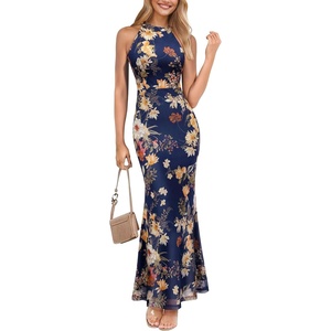 image:imageVFSHOW Womens Elegant Halter Neck Formal Bodycon Fitted Wedding Guest Long Cocktail Evening Mermaid Maxi DressNavy Blue and Multi Floral Print