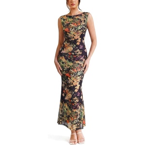 image:imageVFSHOW Womens Boat Neck Formal Bodycon Maxi Sleeveless Slim Fitted Wedding Guest Long Cocktail Mermaid DressBlack and Multi Floral Printb