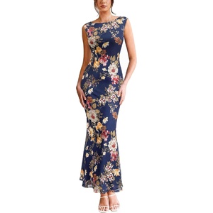image:imageVFSHOW Womens Boat Neck Formal Bodycon Maxi Sleeveless Slim Fitted Wedding Guest Long Cocktail Mermaid DressNavy Blue and Multi Floral Print