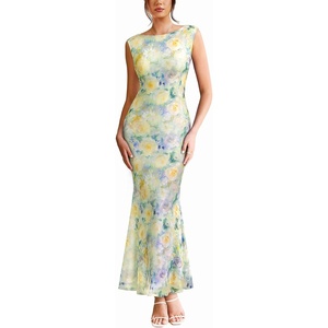 image:imageVFSHOW Womens Boat Neck Formal Bodycon Maxi Sleeveless Slim Fitted Wedding Guest Long Cocktail Mermaid DressYellow and Multi Floral Print