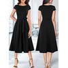 image:imageVFSHOW Womens Elegant Patchwork Pockets Pleated Work Office Business Casual Party Belted ALine Midi DressBlackb