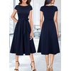 image:imageVFSHOW Womens Elegant Patchwork Pockets Pleated Work Office Business Casual Party Belted ALine Midi DressNavy Blueb