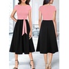 image:imageVFSHOW Womens Elegant Patchwork Pockets Pleated Work Office Business Casual Party Belted ALine Midi DressPinkblack