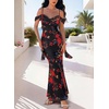 image:imageVFSHOW Womens Floral Cowl Neck Ruffle Wedding Guest Mermaid Maxi Dress  Adjustable Spaghetti Straps Off Shoulder Backless Printed Mesh Slim Bodycon Cocktail Parties SemiFormal Cruise DinnerBlack With Red Floral Print