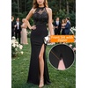image:imageVFSHOW Womens Formal Sexy Halter High Slit Prom Wedding Guest Maxi Dress 2023 Illusion Sweetheart Neckline Evening Long GownFloral Embroidery  Sparkly Black