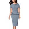 image:imageVFSHOW Womens Pleated Crew Neck Peplum Work Business Office Church Bodycon Pencil Sheath DressBlue Tweedd