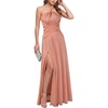 image:imageVFSHOW Womens Halter Neck Ruched Formal Prom ALine Maxi Dress 2026 High Slit Bridesmaid Wedding Guest Dresses Evening GownPink