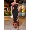 image:imageVFSHOW Womens Floral Off The Shoulder Wedding Guest Cocktail Long Dress  2026 Sexy Mesh One Shoulder Formal Maxi Bodycon DressesBlack and Orange Floral Print